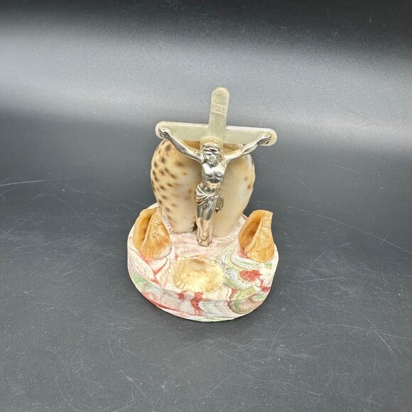 Vintage 1950s Shell Jesus Crucifix Religious Figurine Dish Beach Nautical Kitsch - Picture 1 of 11
